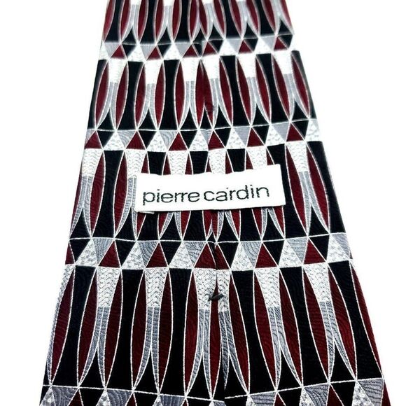 Pierre Cardin Red Gray Silk Tie Woven Short Wide Geometric - Picture 4 of 6